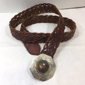 VTG Moroccan Brown Leather Braided Belt w/Octagon Silver Toned Brass Buckle
